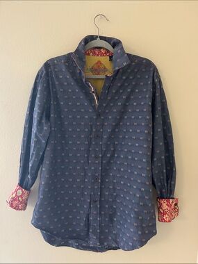 Robert Graham Blue Patterned Button-Up Shirt with Red Contrast Cuffs